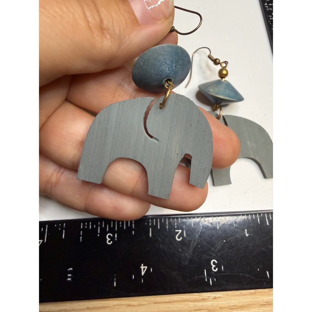 Handmade Gray Wood Elephant Drop Earrings Blue Bead Boho Whimsical Jewelry